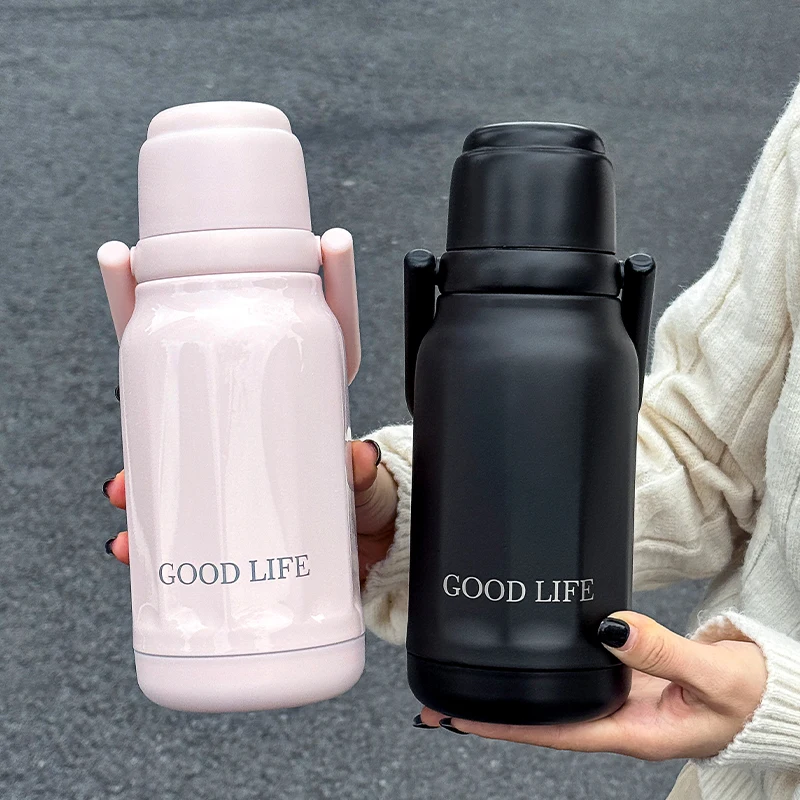 Thermos double compartiment 660 ml avec poignée et couvercle-bol, bouteille d'eau isotherme portable pour l'extérieur à boire directement