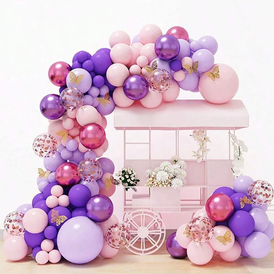 Rosa Lila Schmetterling Ballons Girlande Bogen Set für Verlobung Hochzeit Geburtstag Brautparty Babyparty Party Deko Zubehör