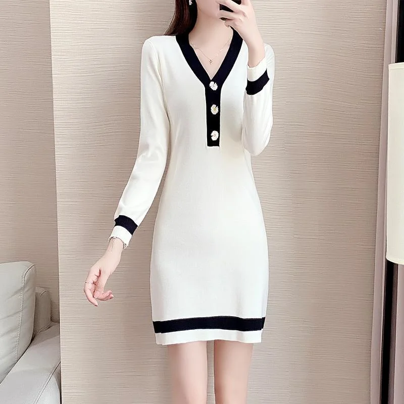 Boutique Autumn Winter New Korean Fashion Women's Mid length Sweater Knitted Dress Fat Sister Slim Fit Underlay Pullover Female