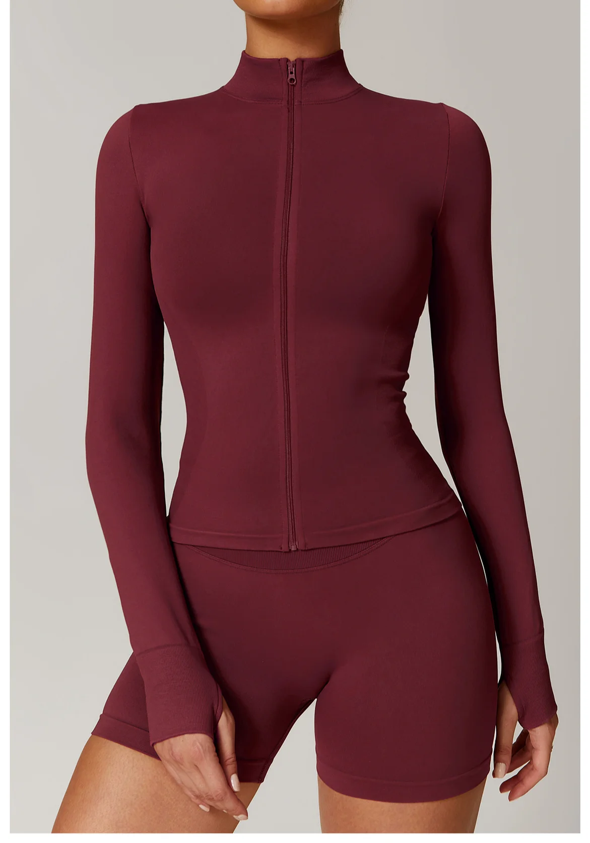 Women's Seamless Long Sleeve Yoga Top Ribbed High Neck Full Zip Slim Fit Sports Jacket Thumb Hole Workout Gym Running Activewear