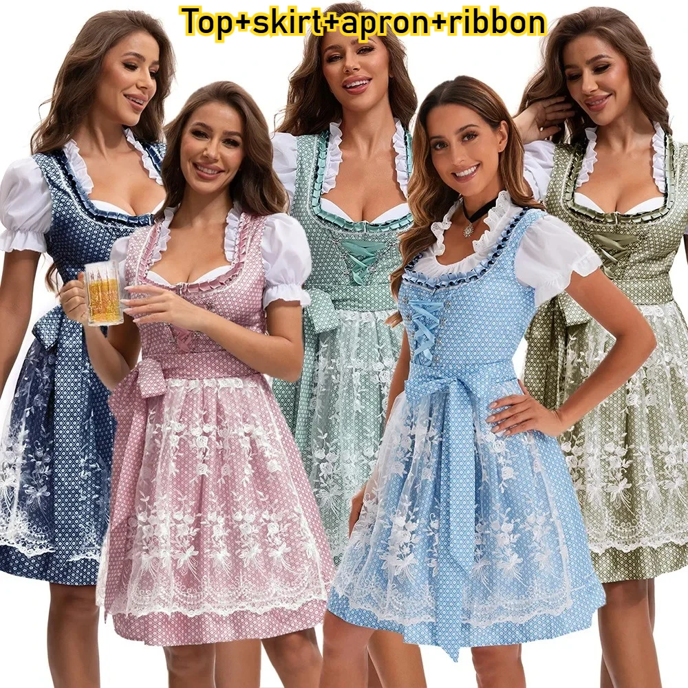 

Hot German Traditional Bavarian Beer Skirt+Top+apron+ribbon Dress National Festival Costume Modern Dancewear Women's Print Style