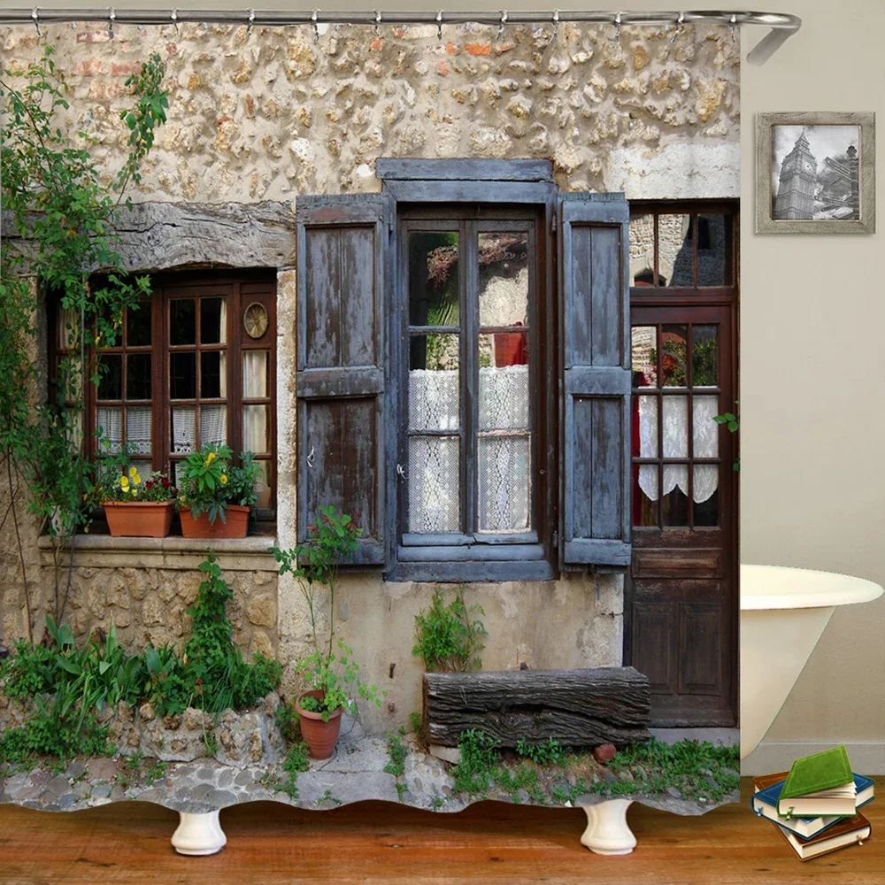 

Rustic Shower Curtain Doors of An Old Rock House with French Frame Details in Countryside European Past Fabric Bathroom