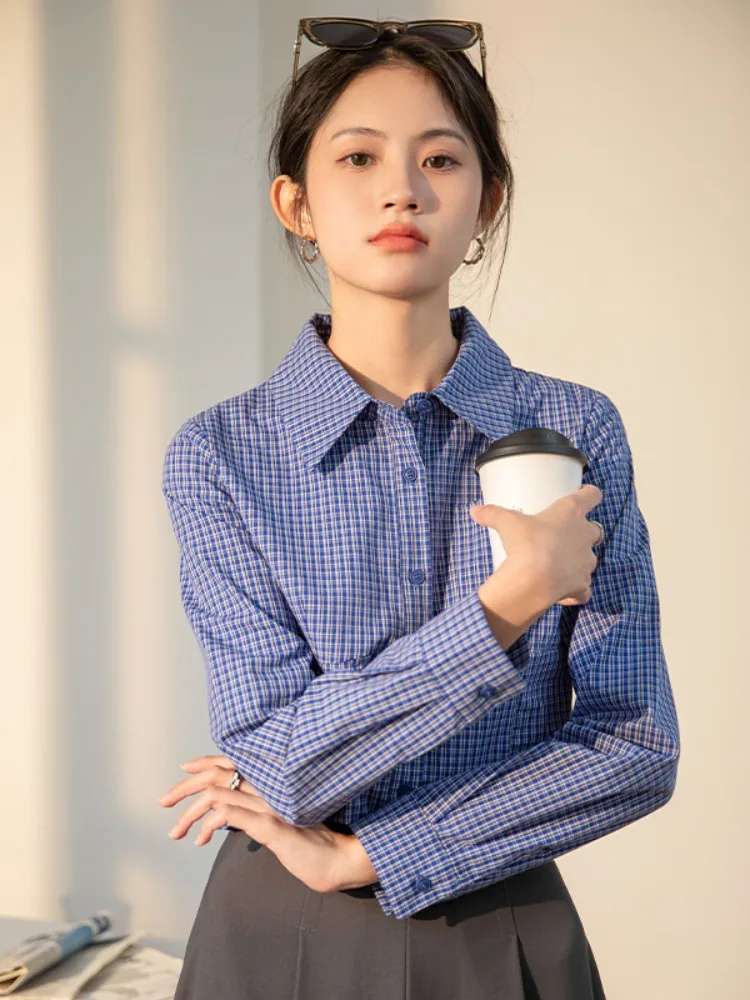 

Blue Plaid Long Sve irt Women's Loose Casual Personali Small oulder irt Spring Autumn New Sle Straight Tube ...