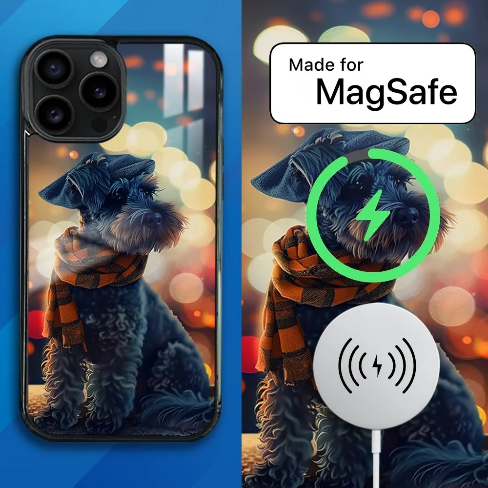 Funny Schnauzer Dog Magnetic Phone Case For iPhone 15 14 13 12 11 Pro Max Plus Mini Mirror Wireless Magnetic Cover Magsafe Case