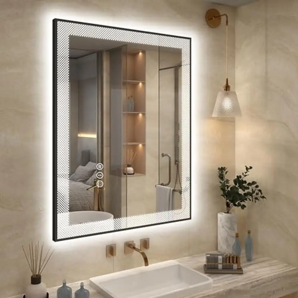 

28x36 Black Framed LED Bathroom Mirror with Double Frontlit and Backlit Light Dimmable 3 Colors Anti-fog Shatter-proof Vanity