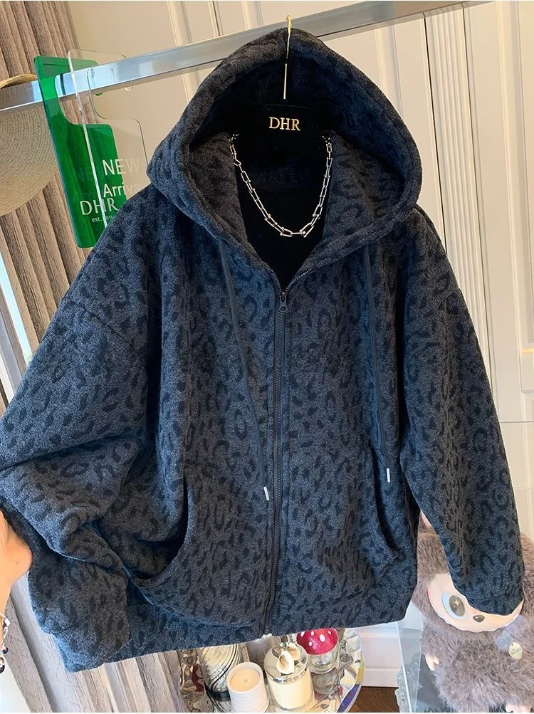 

plus Size Hoodie Thickened Fleece Zipper Winter Coat Unisex Loose Fit American Retro Leopard Print Sweatshirt for Men And Women