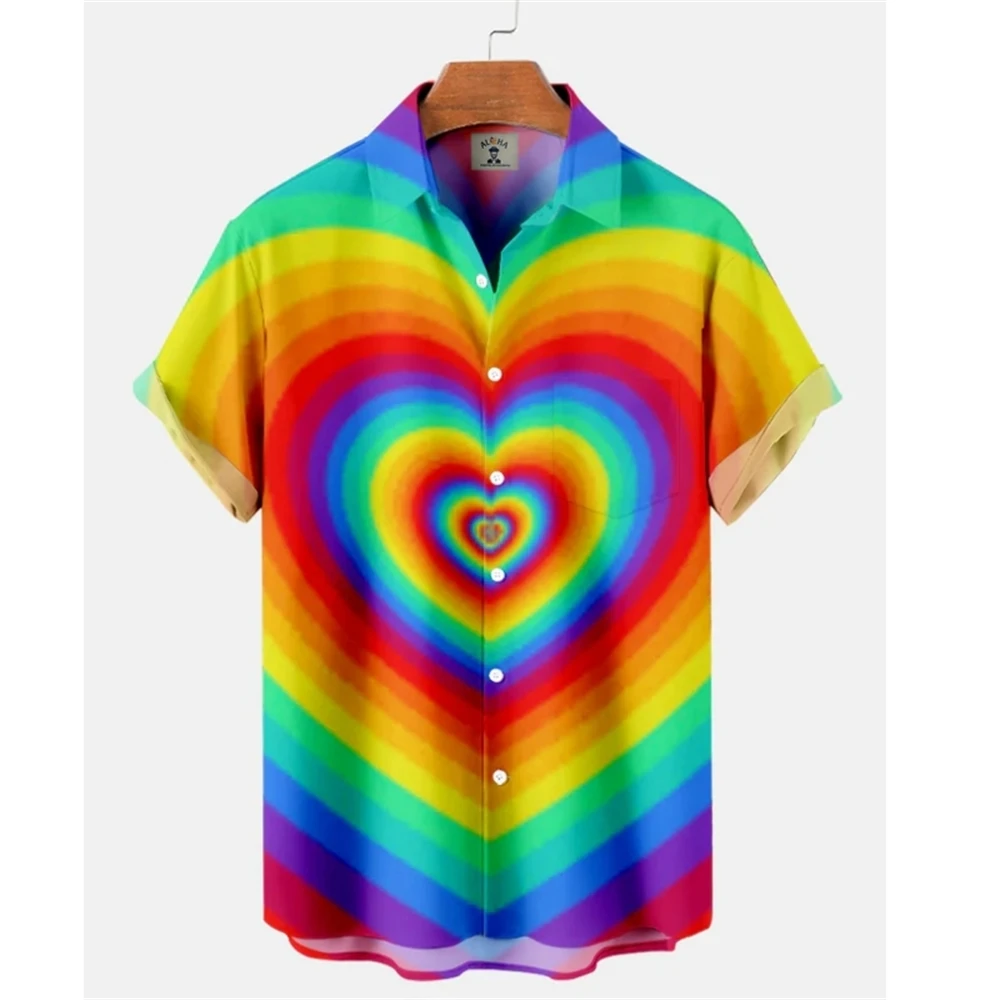 Summer Oversized Romantic Men\'s Shirt Rainbow Pattern Fashion Short Sleeve Print Top Simple High Quality Street Loose Hawaiian