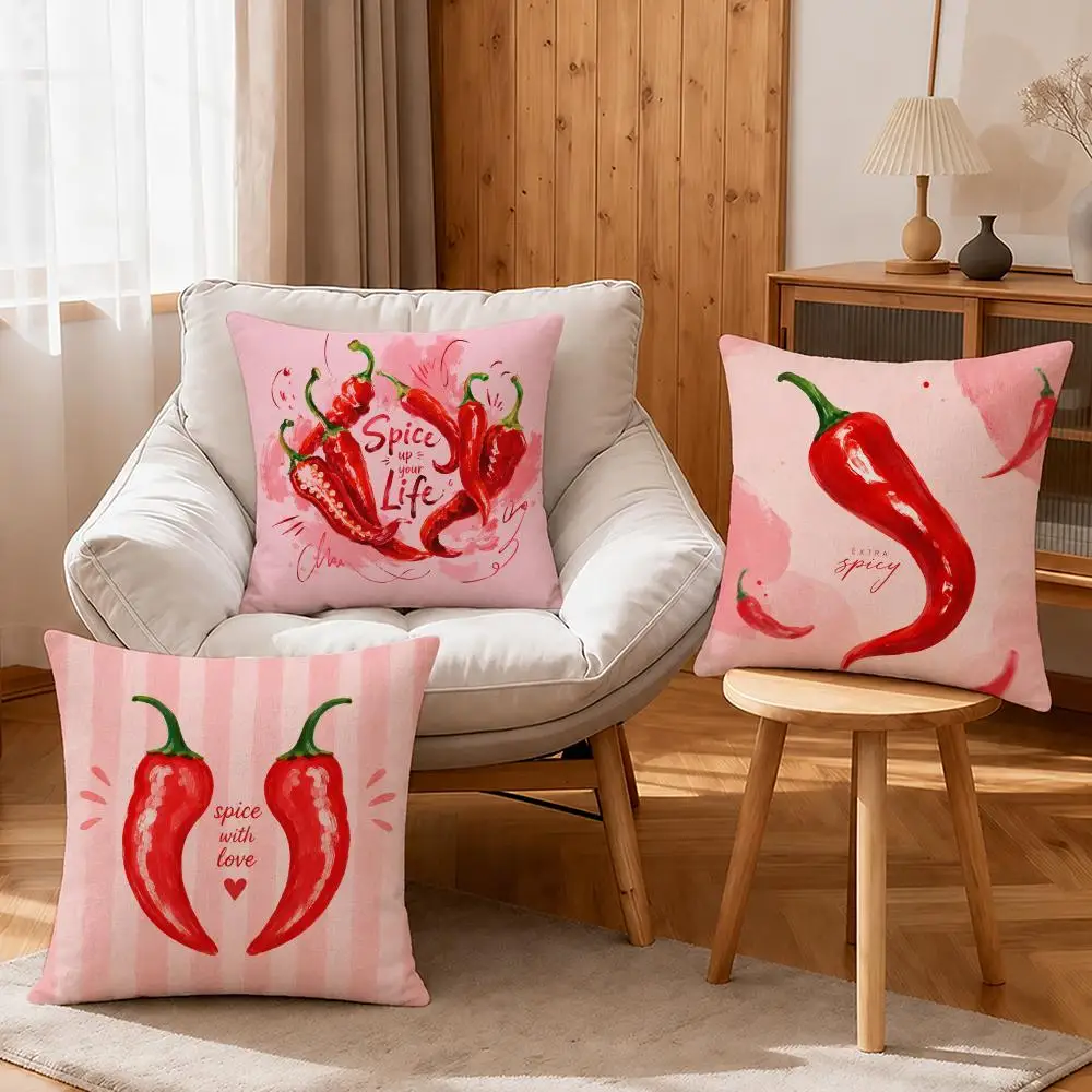 Spicy Vibrant Chili Pepper Illustration Cushion Cover Linen Anti-Mite Antibacterial Cushion Cover Invisible Zipper Sofa Decor
