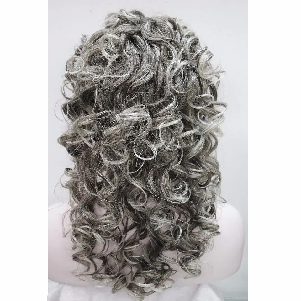 free shipping Womens Long Mixed Gray Curly Heat Resistant Hair Cosplay Costume Party Wigs