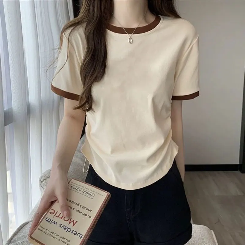 Women\'s Summer Fashion Simplicity Solid Color O-neck Short Sleeve T-Shirt Women Clothes Elegant All-match Temperament Slim Tops