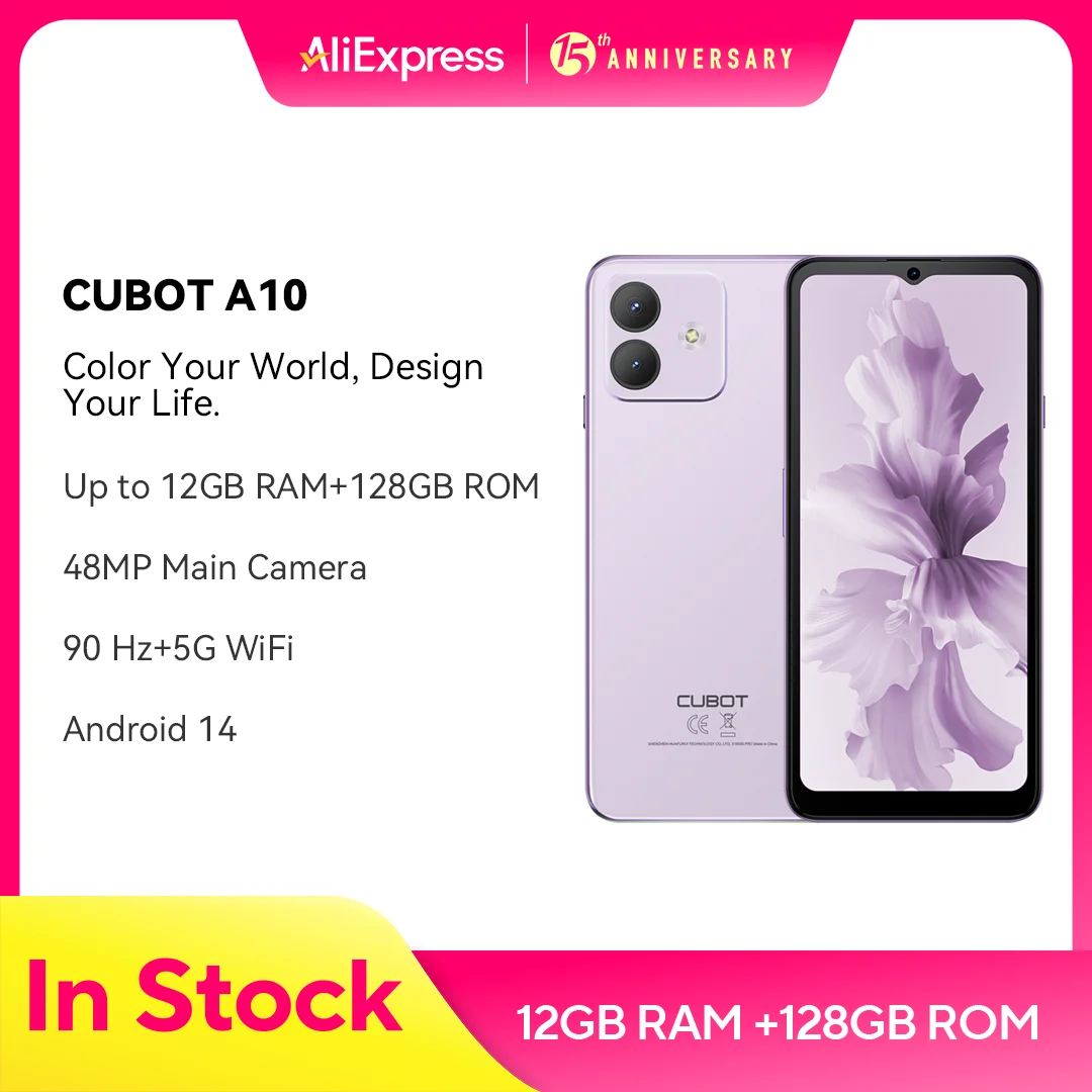 Android Smartphone Cubot A10, 12GB RAM (4GB+8GB), 128GB ROM, Octa-core, 6.56-Inch 90Hz Screen, 5100mAh, 48MP, 5G WiFi, 4G Phone