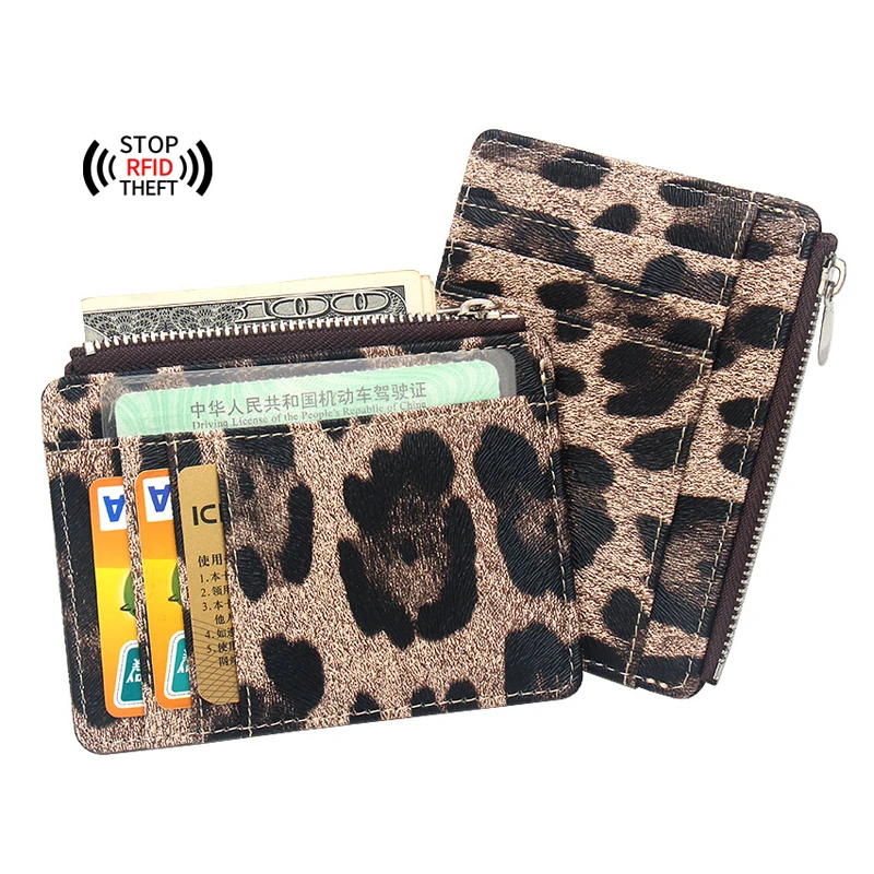 

Leopard Pattern RFID Blocking PU Leather Slim Card Wallet For Women Men Small Zipper Coin Purse Credit Card Holder Bag Nice Gift