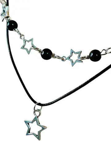 Fashion Double Layered Black Bead Star Choker Necklace Punk Pentagram Leather Rope Necklaces For Women Girls