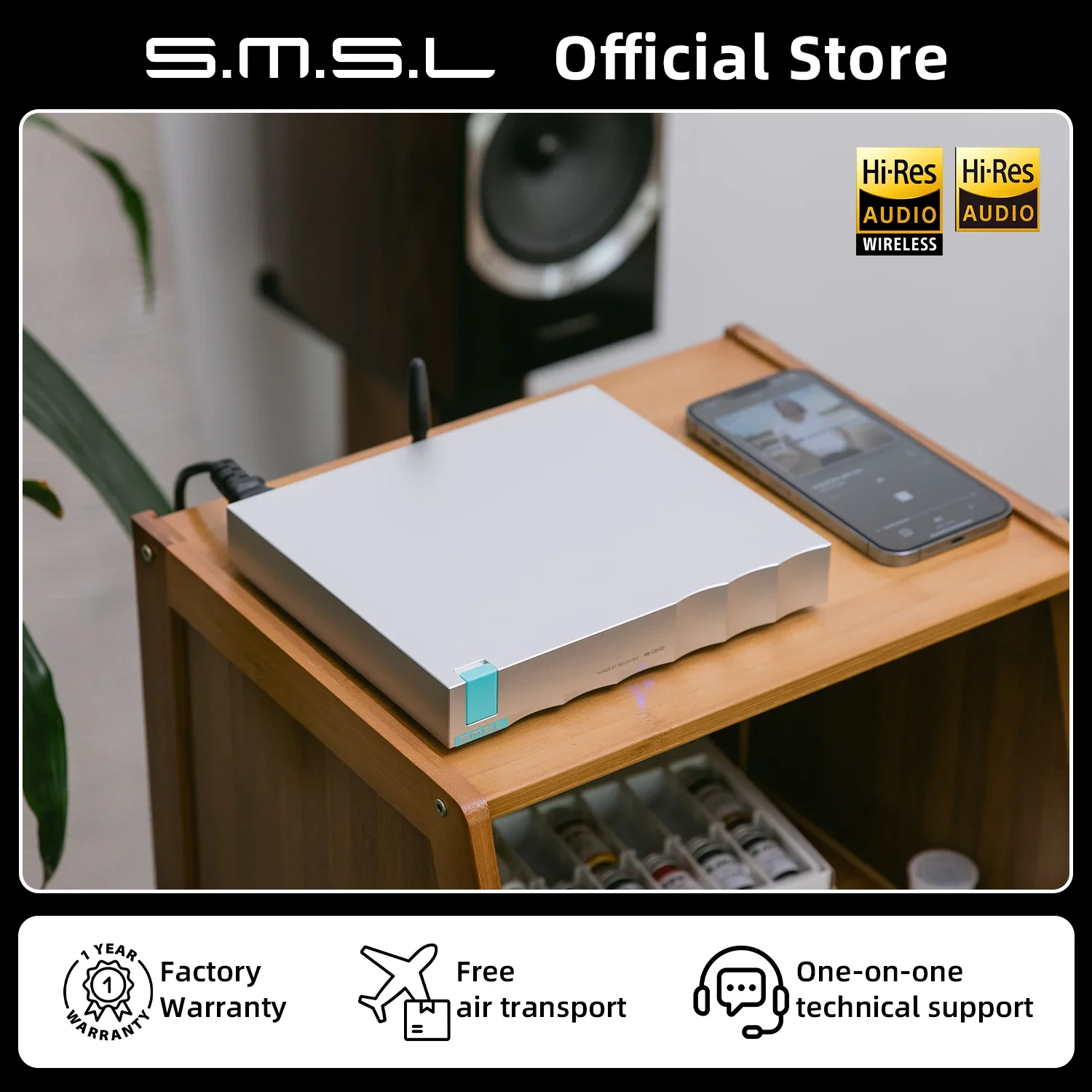 SMSL B100 Hi-res Bluetooth Audio Receiver AK4493S BT 5.1 LDAC SBC AAC APTX-HD 24bit 192kHz RCA Coaxial Optical AES EBU