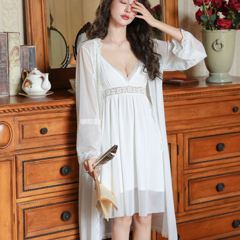 Robe de nuit en coton nickel é pour femmes, ensembles de robe, pyjamas, vêtements de nuit en dentelle douce, robe de nuit sexy à col en V, été