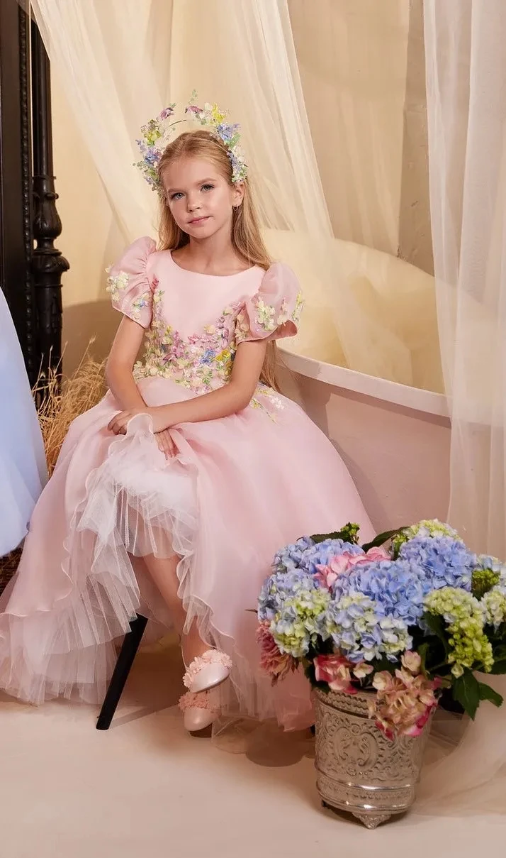 Luxus blaues Blumen mädchen kleid für Hochzeits feier 3d applizierte Prinzessin heiliges Erstkommunion kleid Kinder geburtstags geschenk