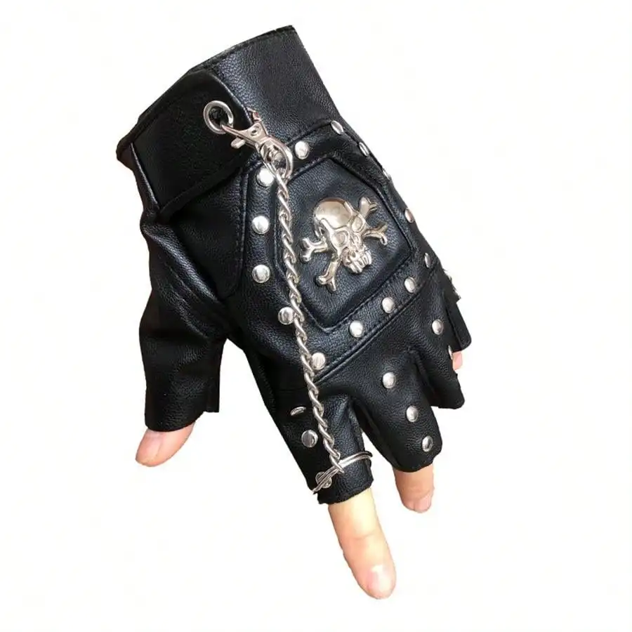 Skulls Rivet PU Leather Fingerless Gloves Men Women Fashion Hip Hop Women\'s Chain Punk Gloves Half Finger Men\'s Gloves