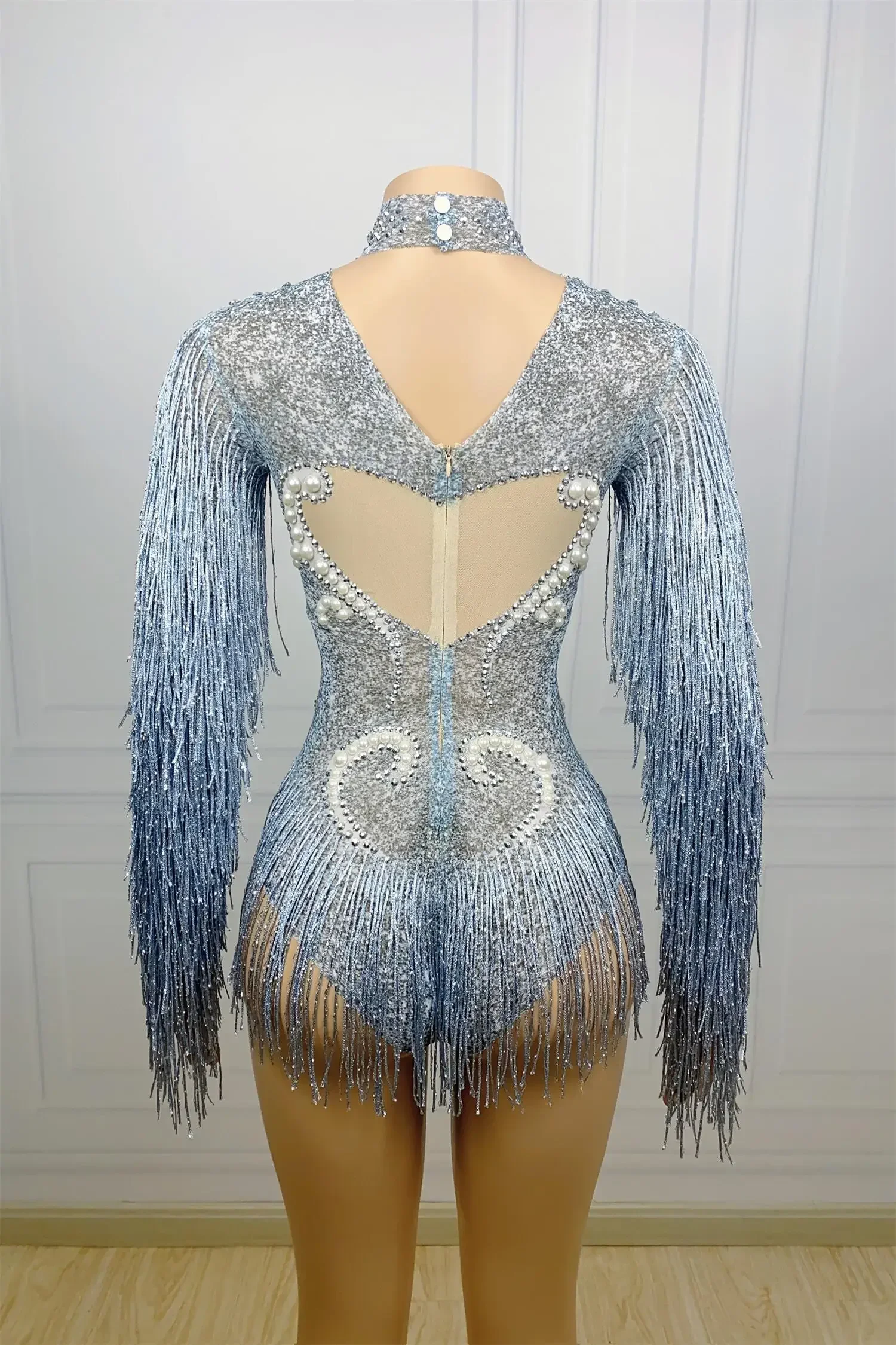 Fashion Gray Tassel Sparkling Crystals Bodysuit Women Sexy Singer Dancer Stage Wear Costume Nightclub Clothed Party Girl Leotard