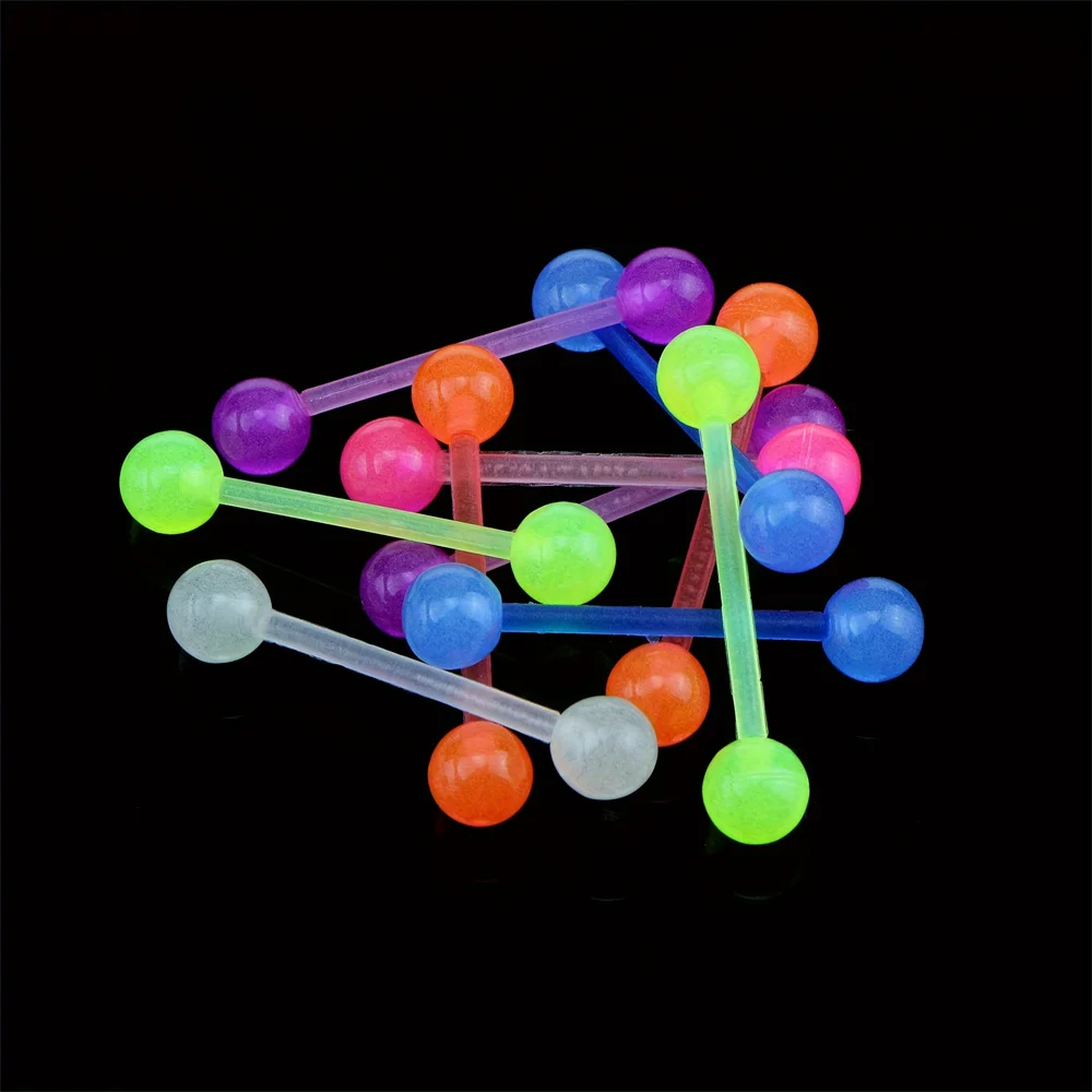 20 Stück zufällige, im Dunkeln leuchtende Acryl-Körperpiercing-Schmuck, flexibles, buntes Langhantel-Piercing für Zunge, Bauch für Unisex – Detail 9