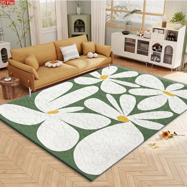 Green Background White Abstract Daisy Rug Minimalist carpet flooring for Living Room Bedroom Home