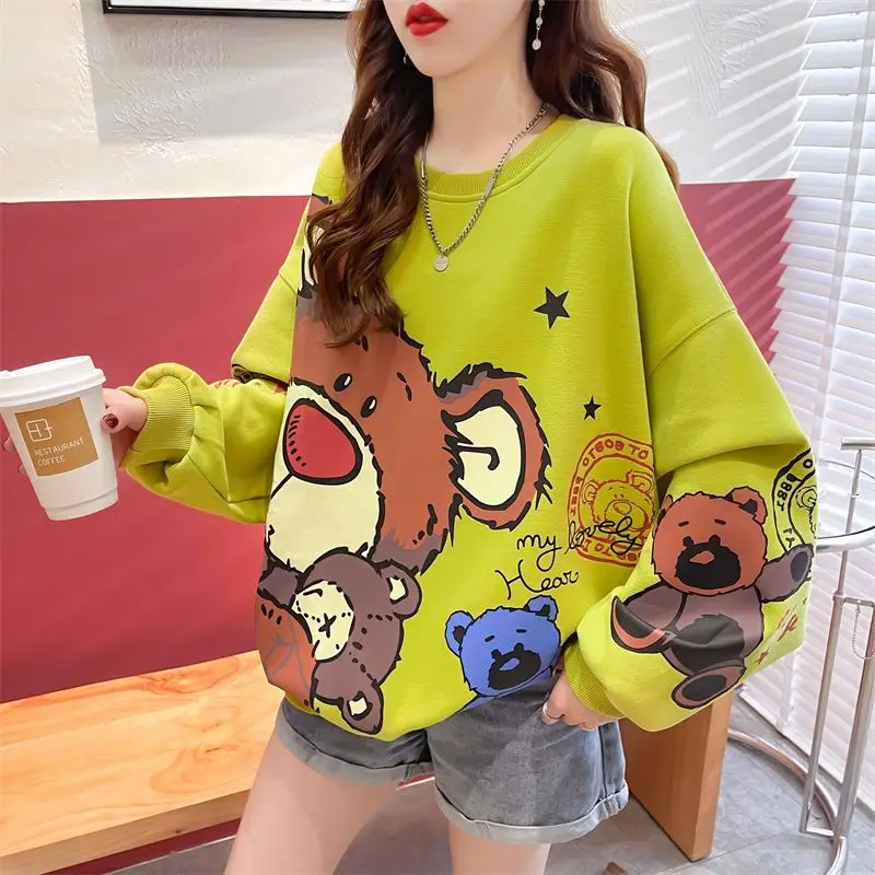 Round Neck Green Graphic Women\'s Sweatshirt Loose Kawaii Cute Pullovers Woman Clothing Top Baggy Warm Emo E Harajuku Fashion