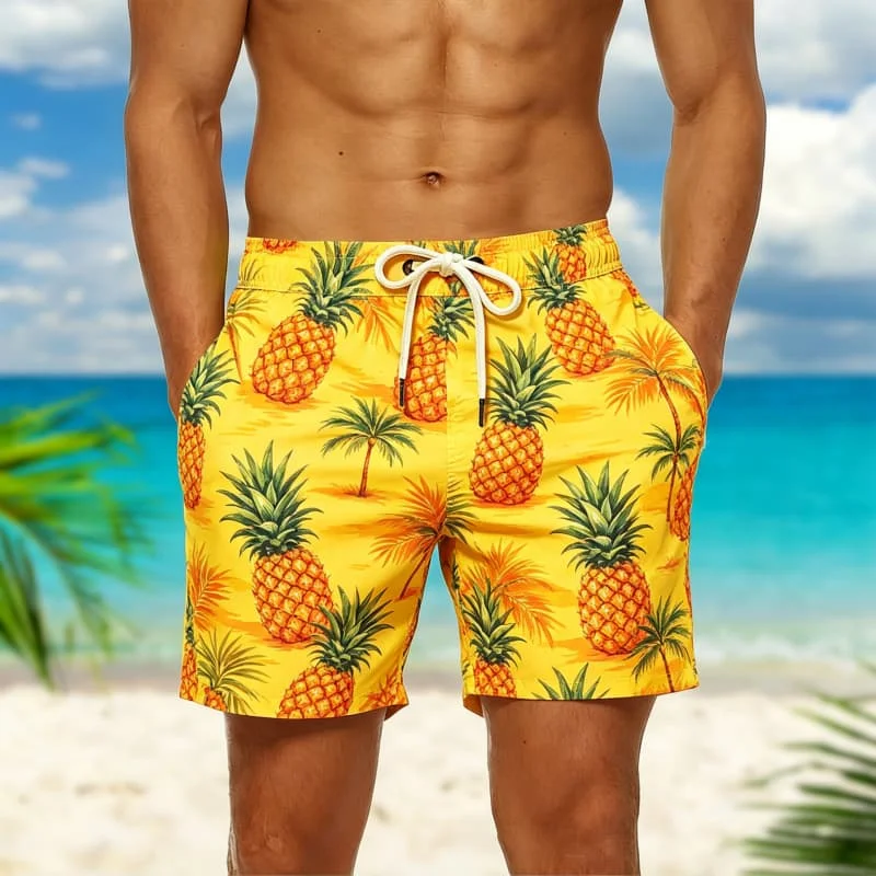 Men's Tropical Fruit Print  Casual Shorts,  for Casual Gatherings, Outdoor Activities, Summer Parties & Laid-Back Looks