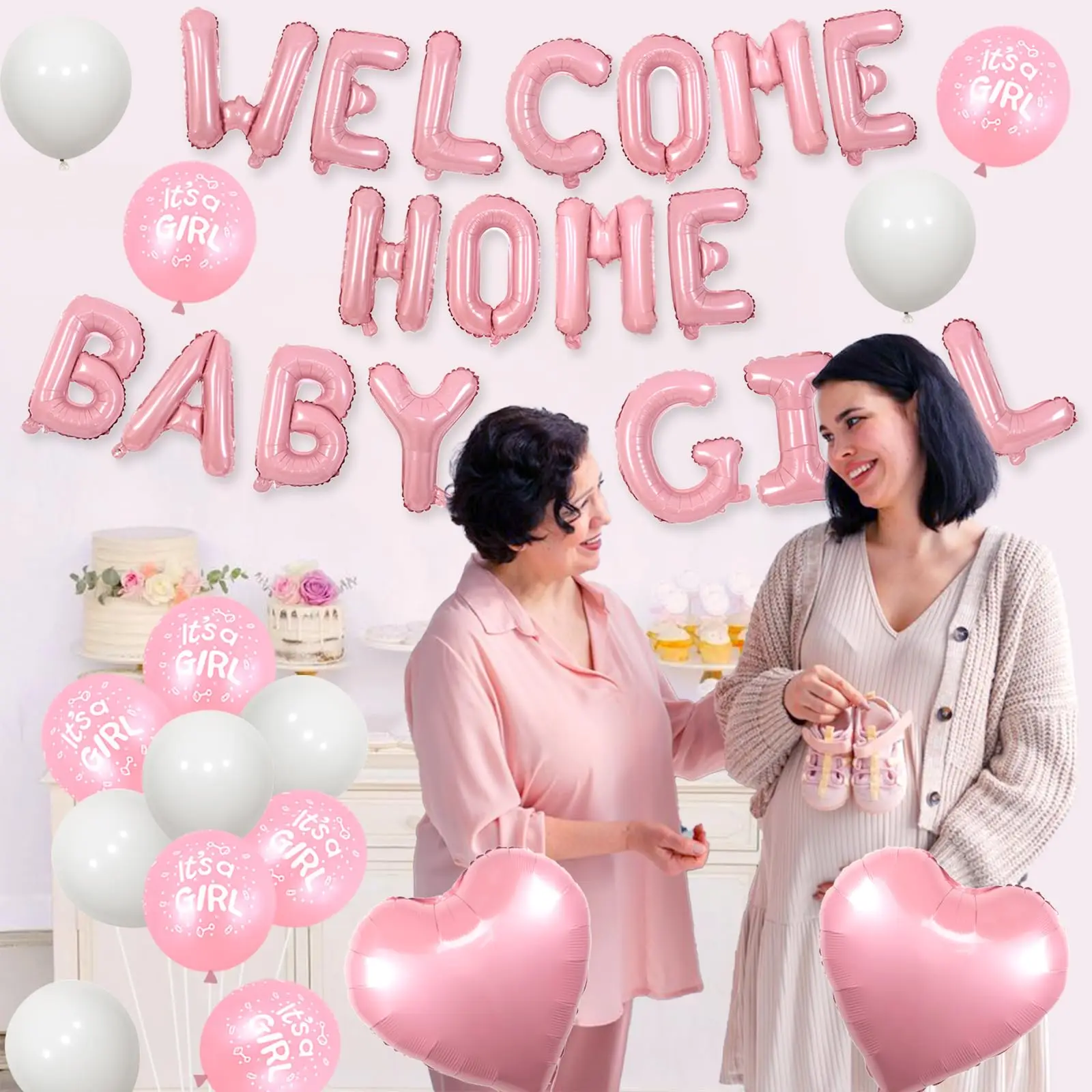 مجموعة واحدة من لافتة ترحيب منزلية لتزيين الأطفال باللون الوردي، إنه بالونات على شكل قلب لعيد ميلاد حديثي الولادة #5
