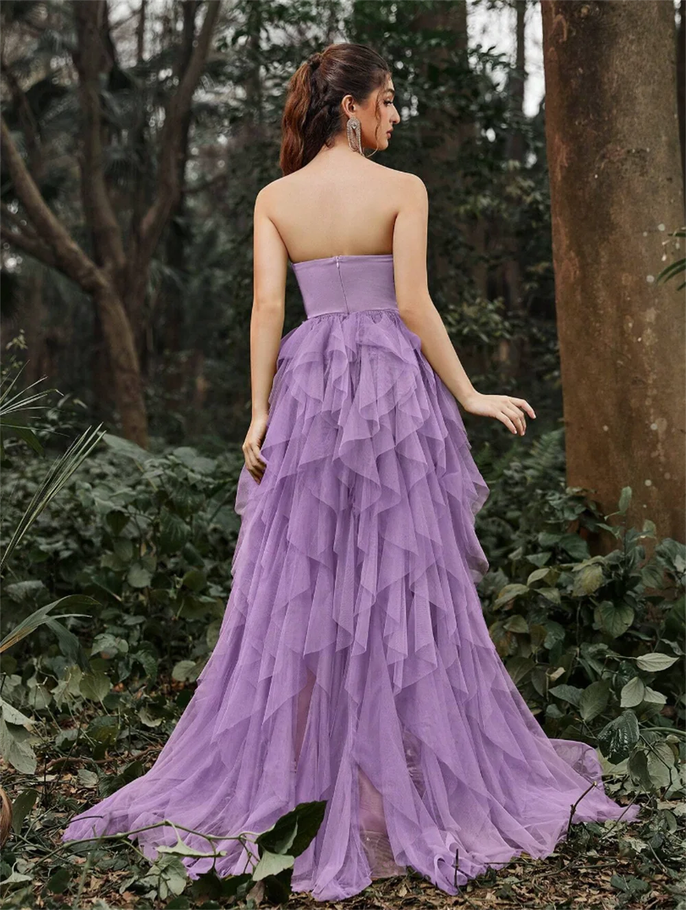 Jessica Lace Tulle Layering Prom Dresses Purple Strapless Evening Dresses Side Slits Wedding Party Dress Vestidos De Noche