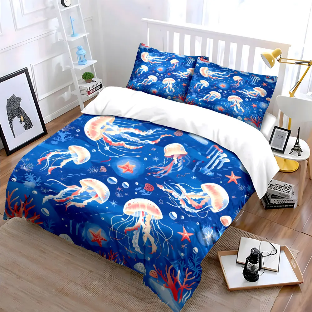 Jellyfish and Coral Ocean World Printed Duvet Cover Set 1 Duvet Cover+2 Pillowcase Multi Size Bedroom Bedding Decor