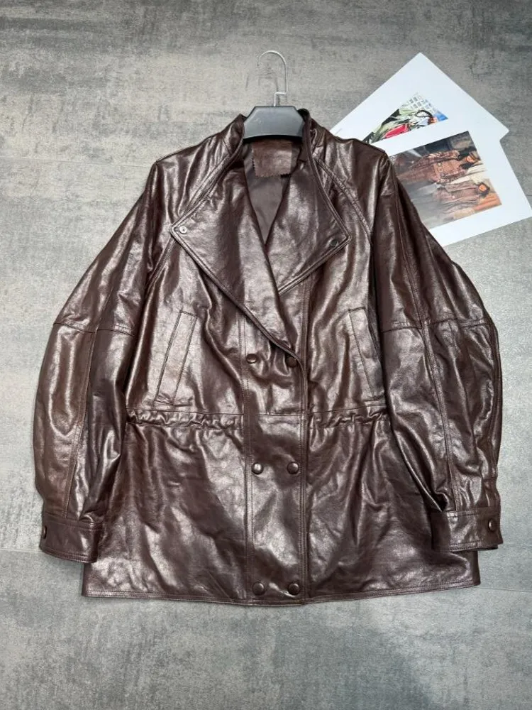 الخريف الشتاء النساء مزدوجة الصدر النفط الشمع جلد الغنم معطف جلد طبيعي عادية فضفاض صالح سترة السيدات ترتيب الأسرة طوق معطف