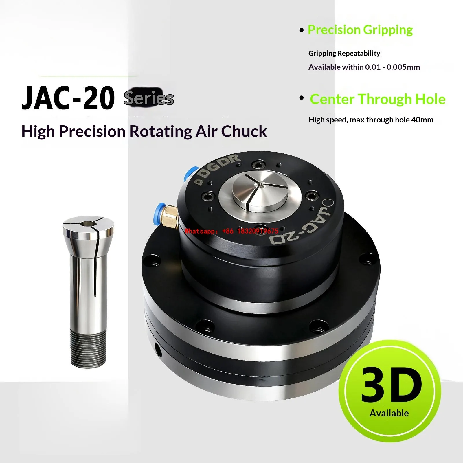 Cyclmotion CNC H-Precision Pneumatic Rotary Chuck – Automated Hollow Front-Mount Pneumatic Chuck (JAC-20, 20mm Through-Hole)