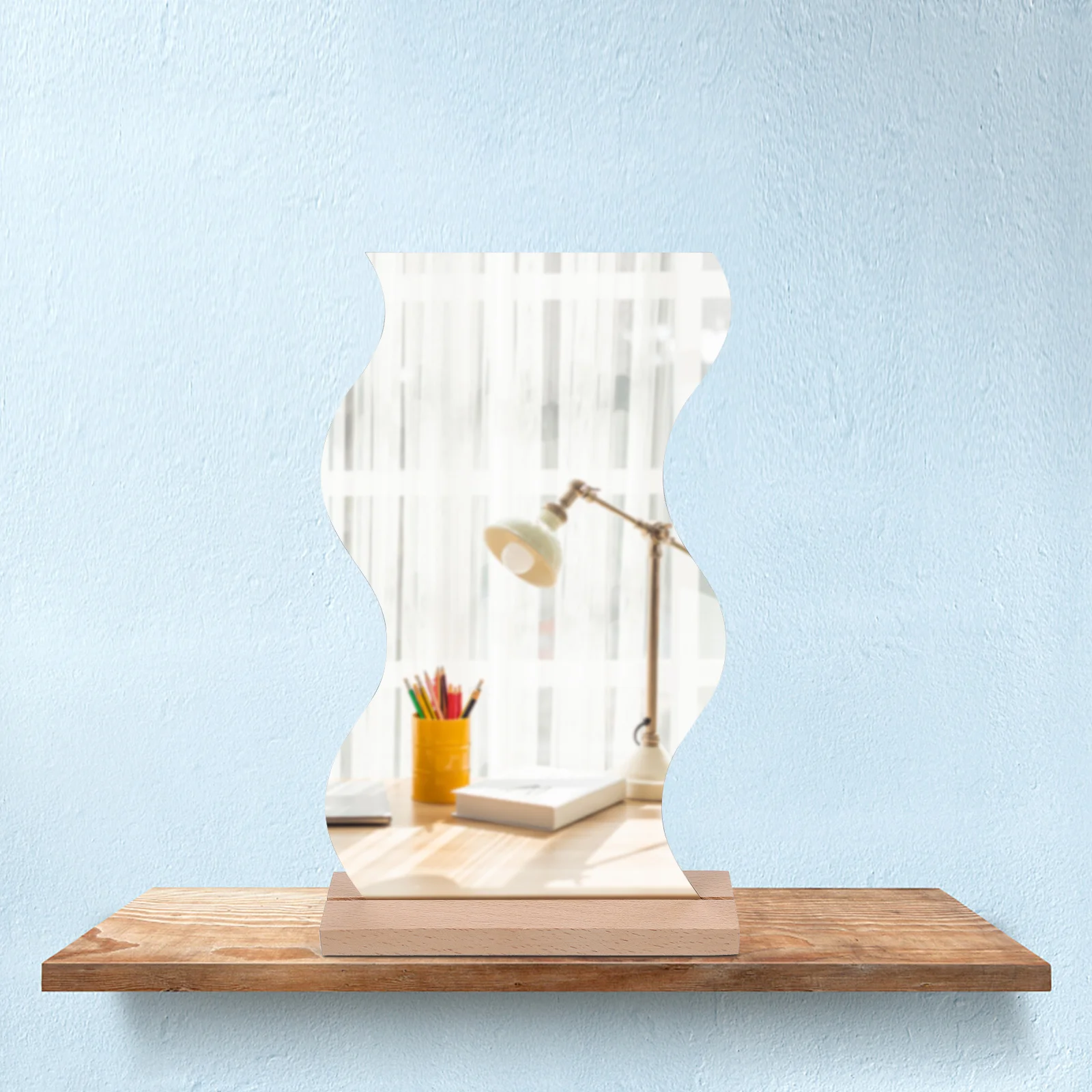 

Wooden Base Desktop Makeup Mirror Acrylic Irregular Frameless Table Vanity Mirror for Bedroom Office Dorm