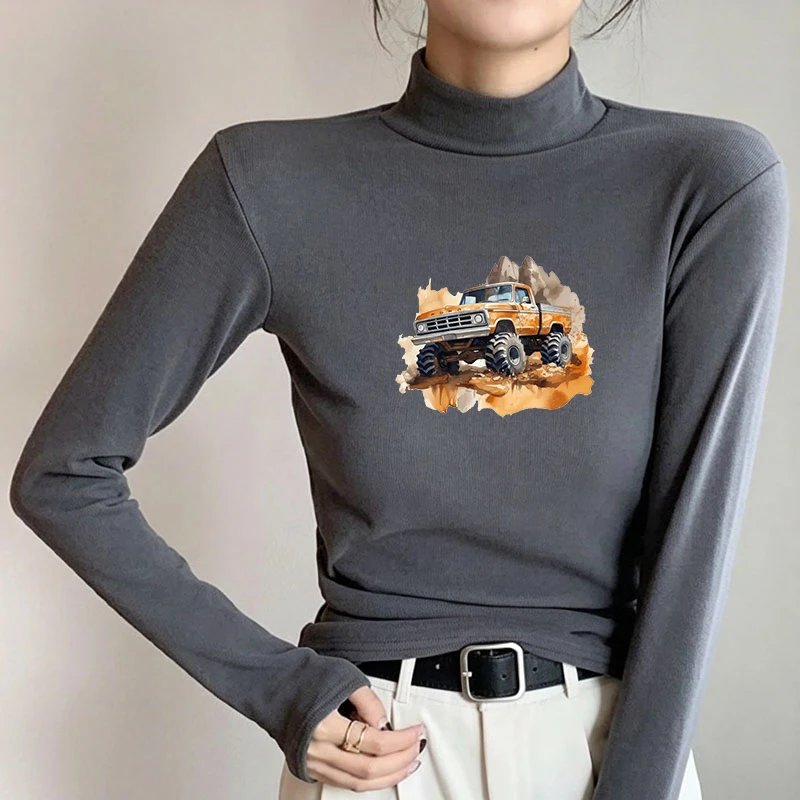 2026 New Autumn Winter Thermal Brushed Fleece Long Sleeve Graphic Print T shirt Blouses Female Warm Shirt Women Top