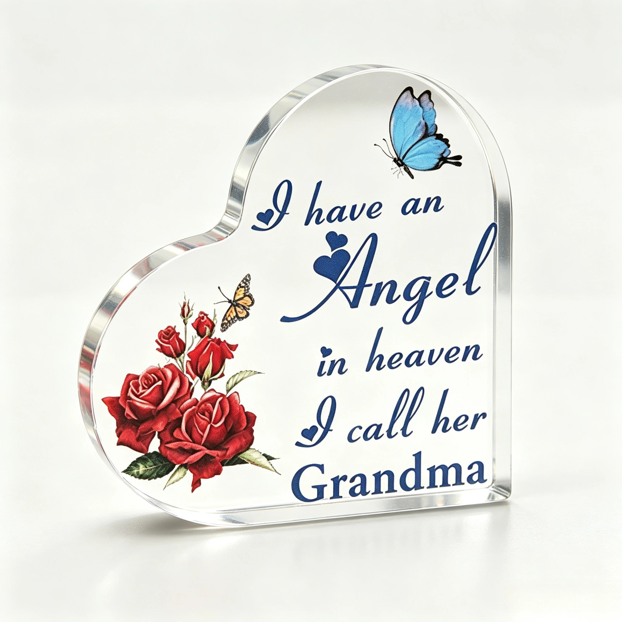 Red Rose Butterfly Heart‑Shaped Acrylic Plaque, Heavenly Grandma Remembrance Desktop Tribute Ornament