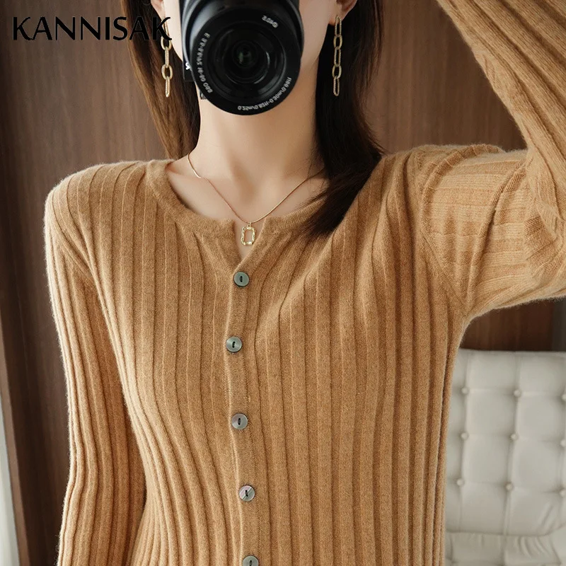 2024 Autumn Winter Womens Sweater Brown Cardigans O-neck Single Breasted Slim Fit Stretch Knitwear Solid Korean Cardigan Femme