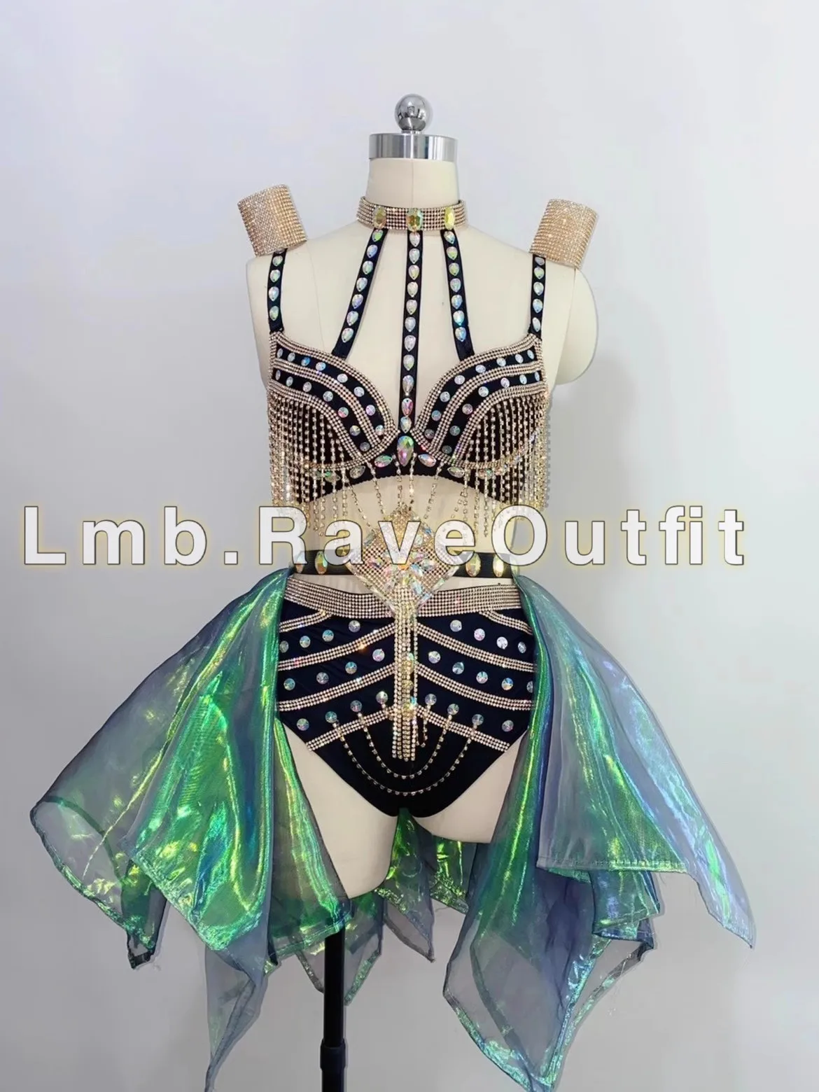 Gilded Colorful Black Tassel Sparkling Crystal Diamond High Waist Show Thin Bikini Skirt Nightclub DJ Singer Dance Stage Costume