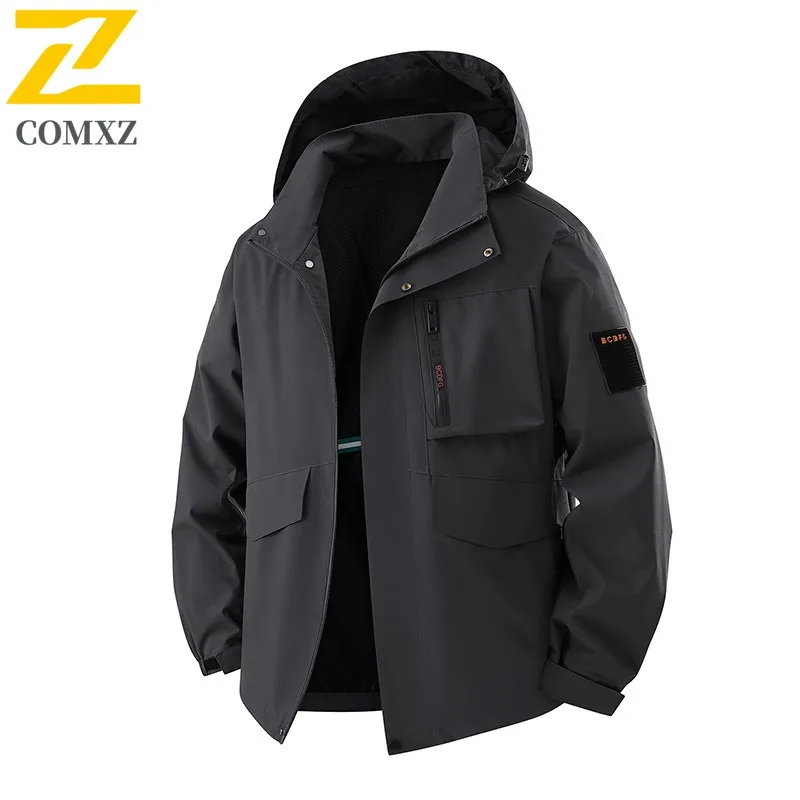 COMXZ Men Jacket American Style Detachable Hood Loose Windbreaker Outdoor Jackets Windproof Casual Sport Lightweight Hiking Coat