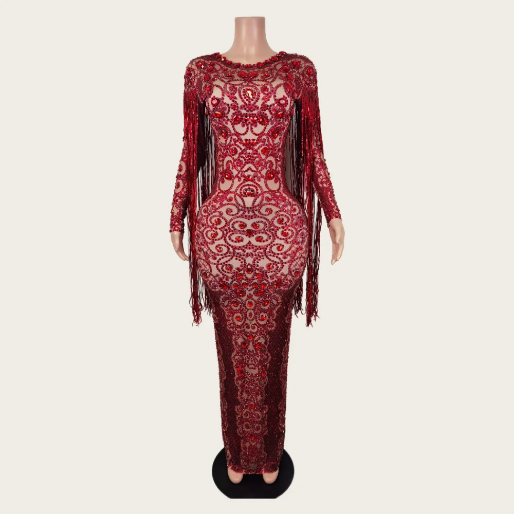 

Elegant Long Sleeve Red Tassel Rhinestone Evening Gown Dresses Women Singer Stage Costume Bodycon Birthday Wedding Party Dress