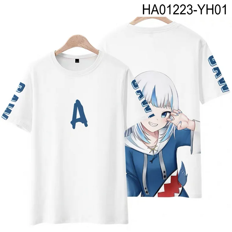 Gawr gura-T-shirt imprimé VTuber, col rond, manches courtes, streetwear japonais populaire, grande taille, mode estivale