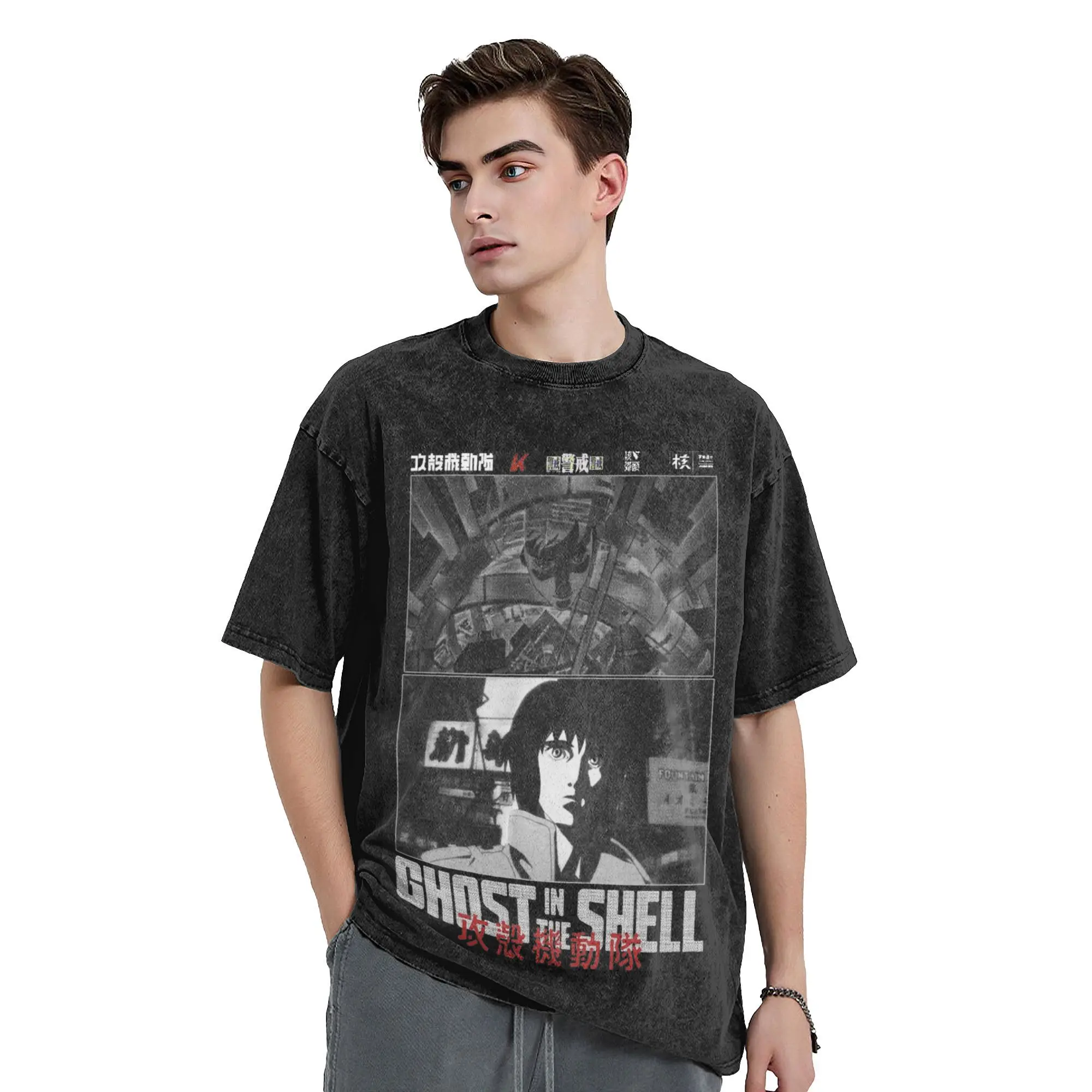 Ghost in the Shell Anime Vintage Washed T Shirts 100% Cotton Casual T-Shirt Round Neck Major Motoko Kusanagi Tops Plus Size