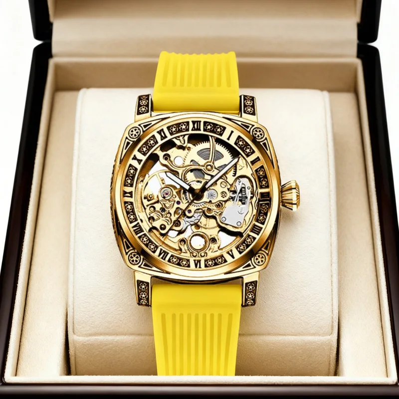 

Мужские полностью автоматические механические часы золотого тона, легкого роскошного стиля, высококачественные, с тонкой гравировкой.