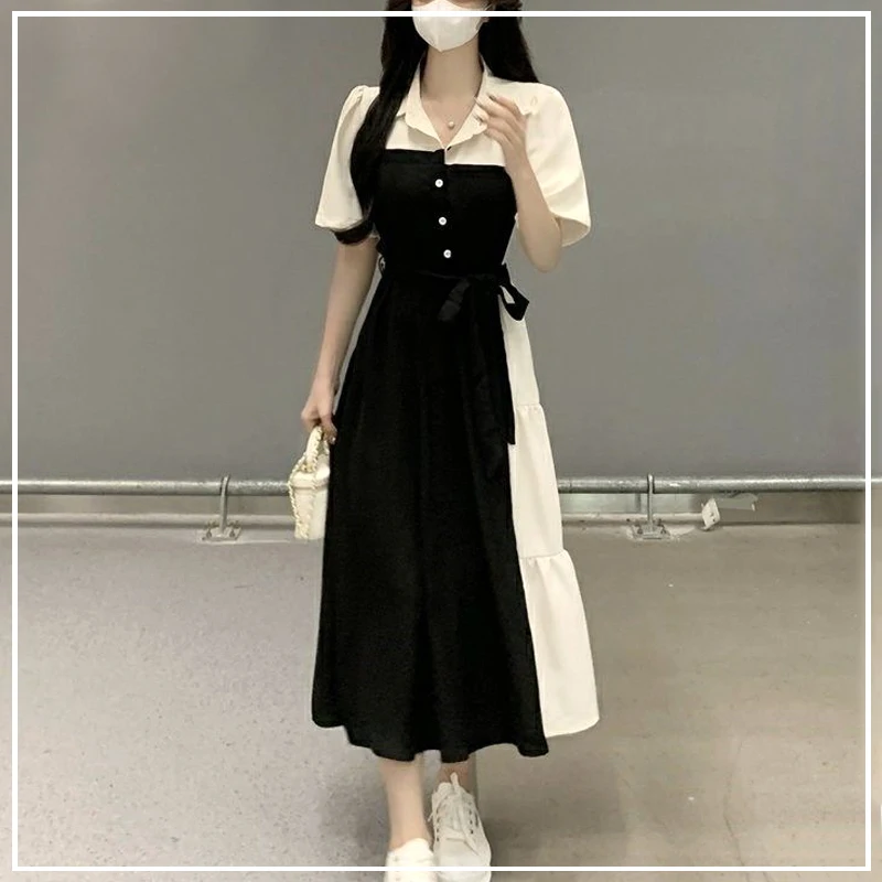 2024 New Summer Sweet and Fresh Academy Style Flip Collar with Dead Waist Tie and Waist Wrap Long Short Sleeve Oversize Dress