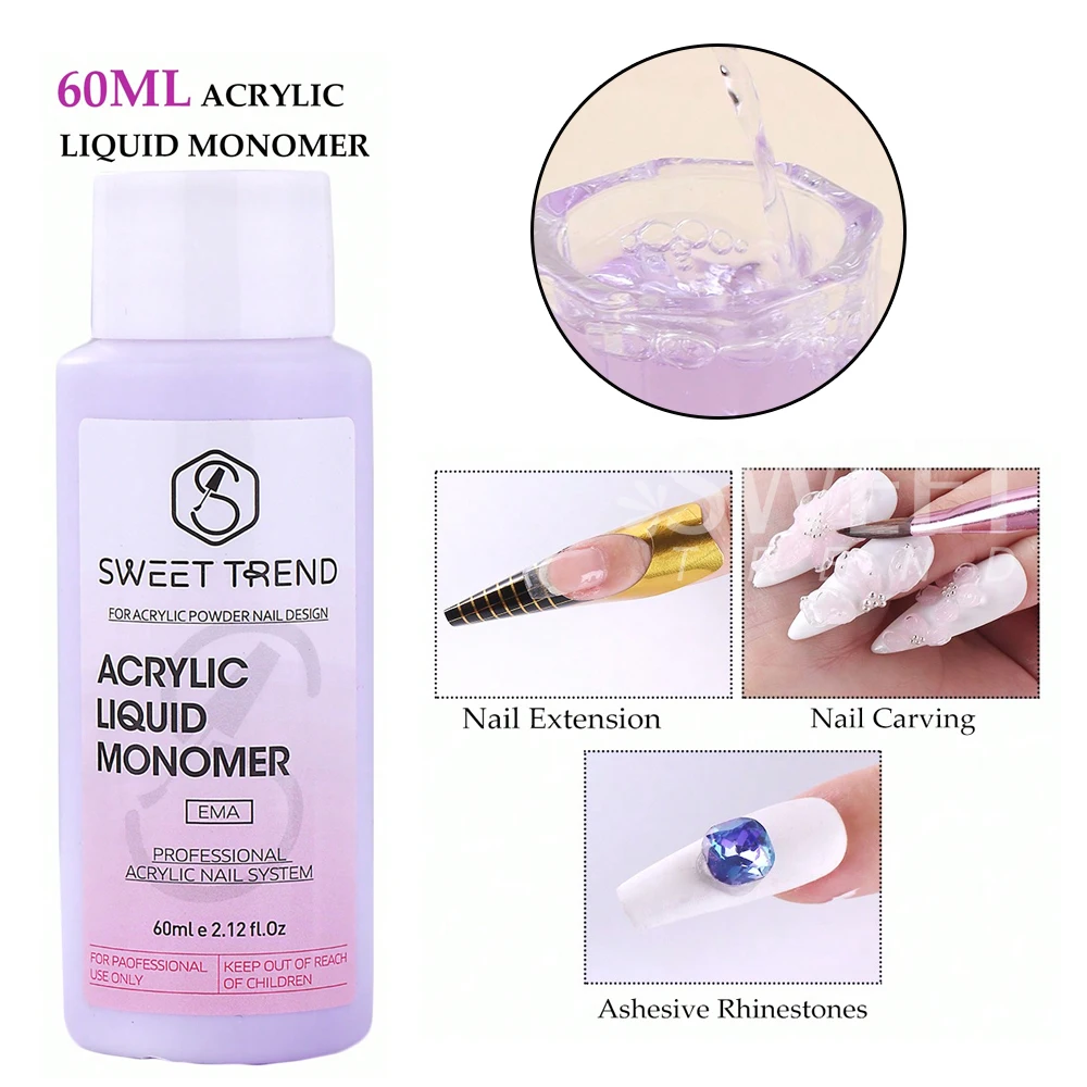 60ml 크리스탈 액체 60g 아크릴 파우더 세트 핑크 화이트 투명 조각 크리스탈 폴리머 아크릴 파우더 확장 매니큐어