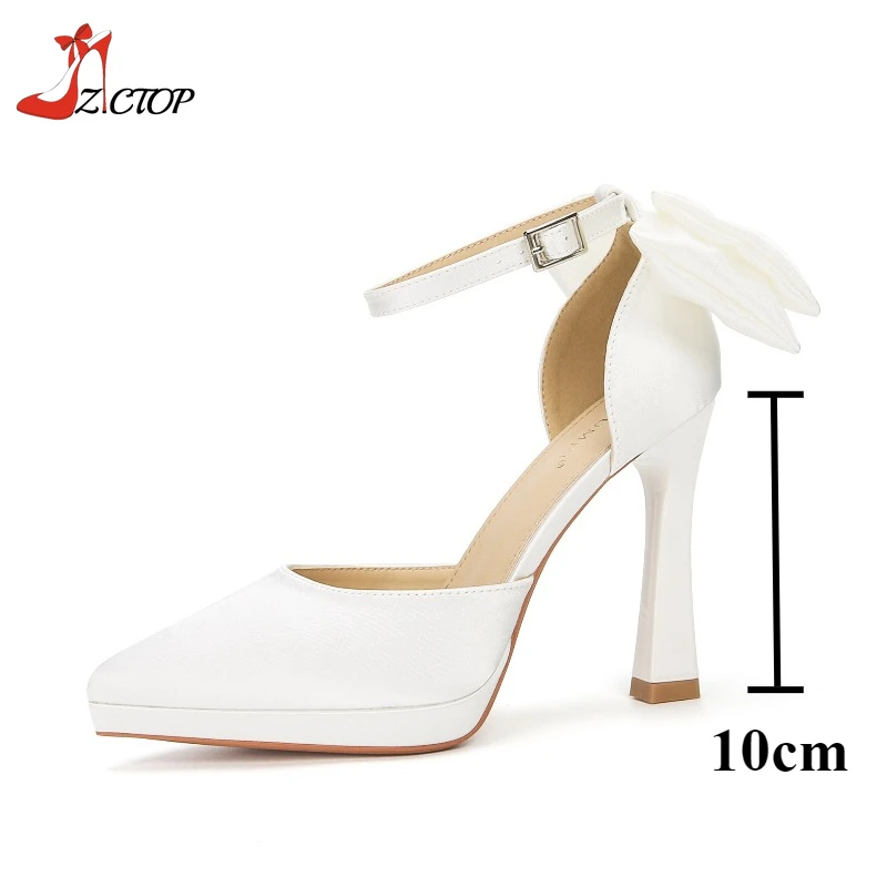 White Platform Pumps Mary Jane Shoes Women Satin Thin High Heels Sandals Bowknot Pointed toe Ankle Strap Luxury Female Shoes