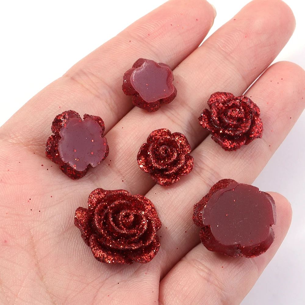 20pcs/lot Flat Back Imitation Flower Resin Beads Sequin Rose Flower Cabochons For Jewelry Making DIY Women Hair Clips Earrings
