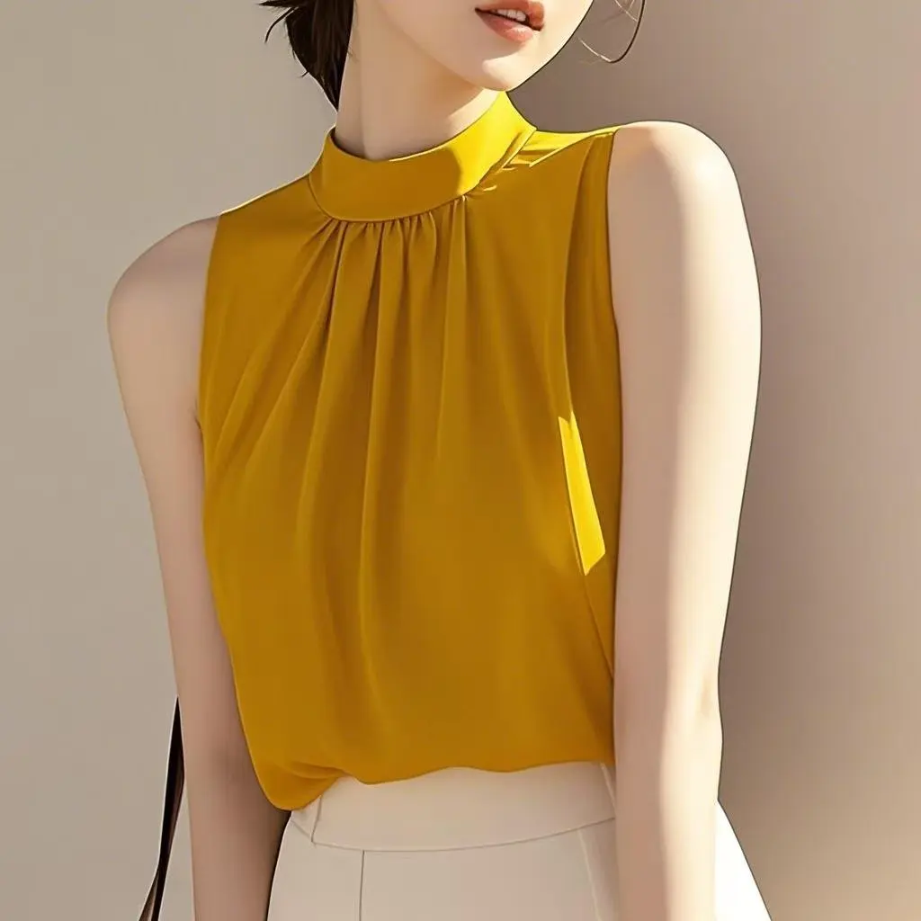 

Ele Blue Chiffon irt Women's Summer Faion Trend Ne Hanging High Quali Sense Korean Sle Loose Fit round Ne Top