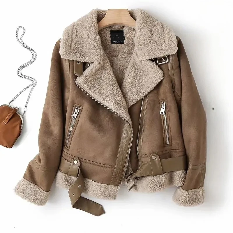 

Lady Thick Warm Suede Lambs Short Motorcycle Brown Coats Leather Women Winter Faux Shearling Sheepskin Fake Leather Jackets