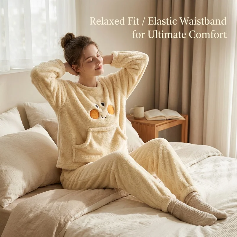 Women's Yellow Coral Fleece Pajama Set, Smiley Face Pocket Top and Long Pants, Cozy Winter Loungewear Soft Warm Breathable Comfy