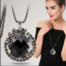 Luxury Big Gray Crystal Pendant Necklace For Women 2024 Vintage Fashion Sweater Chain Flower Choker Collar Accesorios Mujer