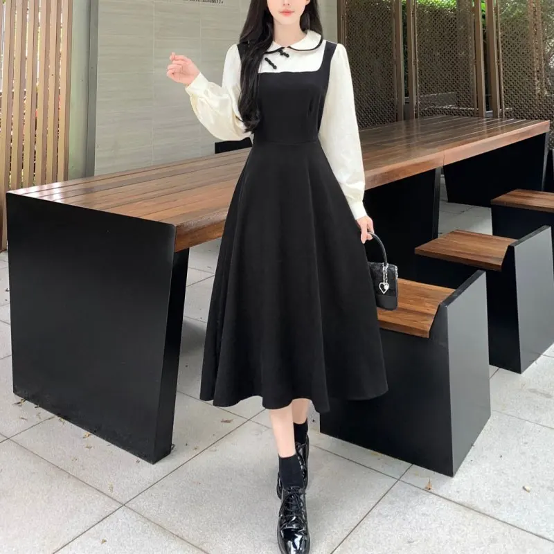 

Vintage Doll Collar Midi Dress Women's Clothing Stylish Chinese Disc Buckle Spring Autumn Fake Two Pieces A-Line Spliced Dresses